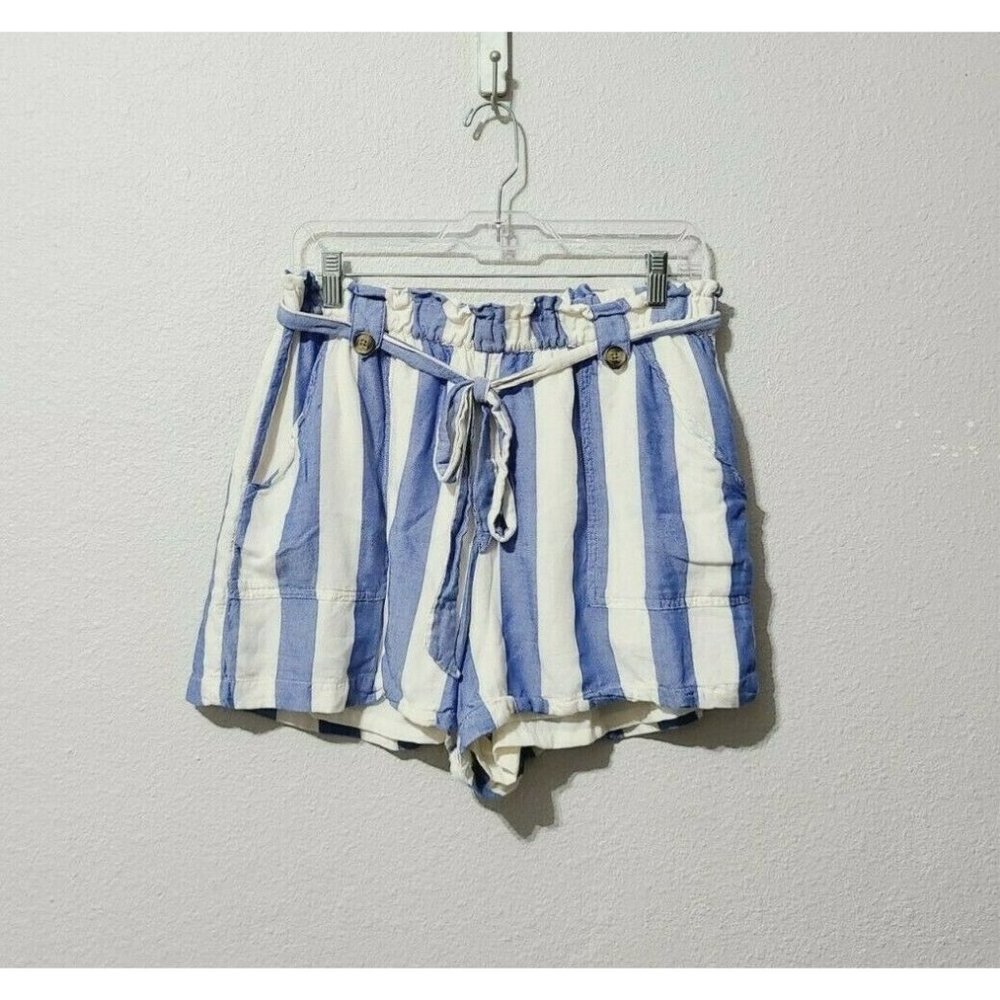 American Eagle Striped Paper Bag Tie Waist Striped Shorts Size L Pockets